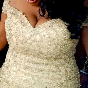 Here is a champagne colored formal dress great for prom, banquets, & more!!